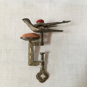 Victorian Silver Tone Sewing Bird Clamp with Original Pin Cushion