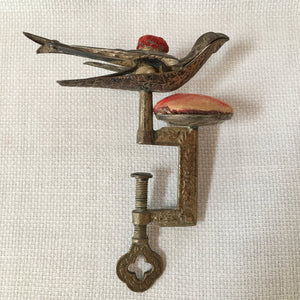 Victorian Silver Tone Sewing Bird Clamp with Original Pin Cushion