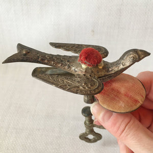 Victorian Silver Tone Sewing Bird Clamp with Original Pin Cushion