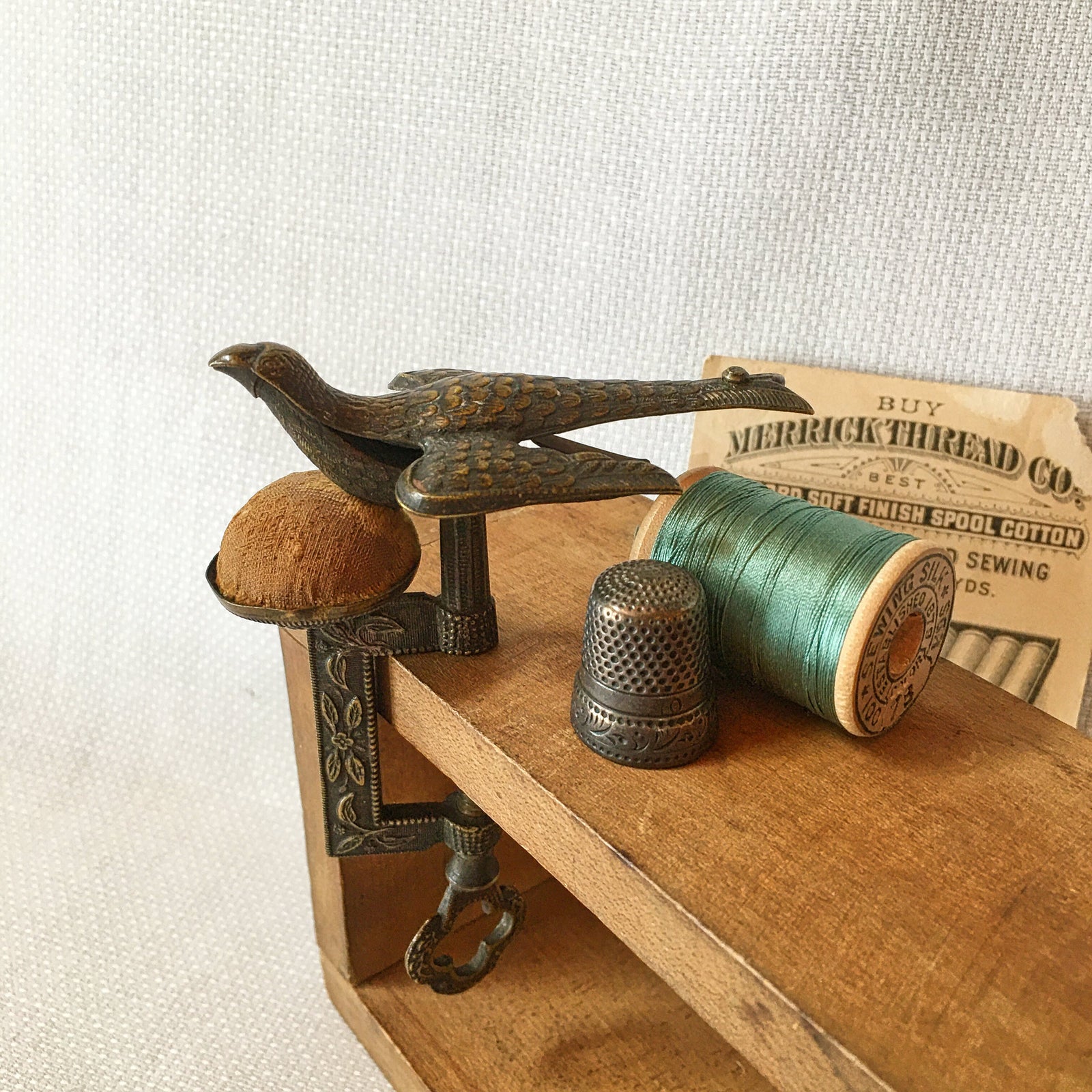 Small Victorian Sewing Bird Clamp with Original Velvet Pin Cushion
