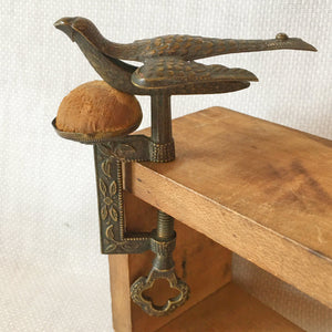 Small Victorian Sewing Bird Clamp with Original Velvet Pin Cushion