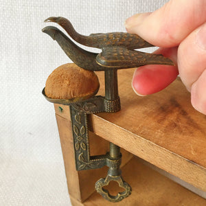 Small Victorian Sewing Bird Clamp with Original Velvet Pin Cushion