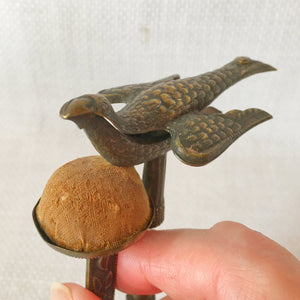 Small Victorian Sewing Bird Clamp with Original Velvet Pin Cushion