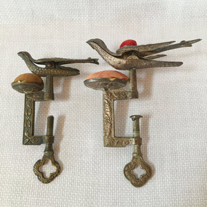 Small Victorian Sewing Bird Clamp with Original Velvet Pin Cushion