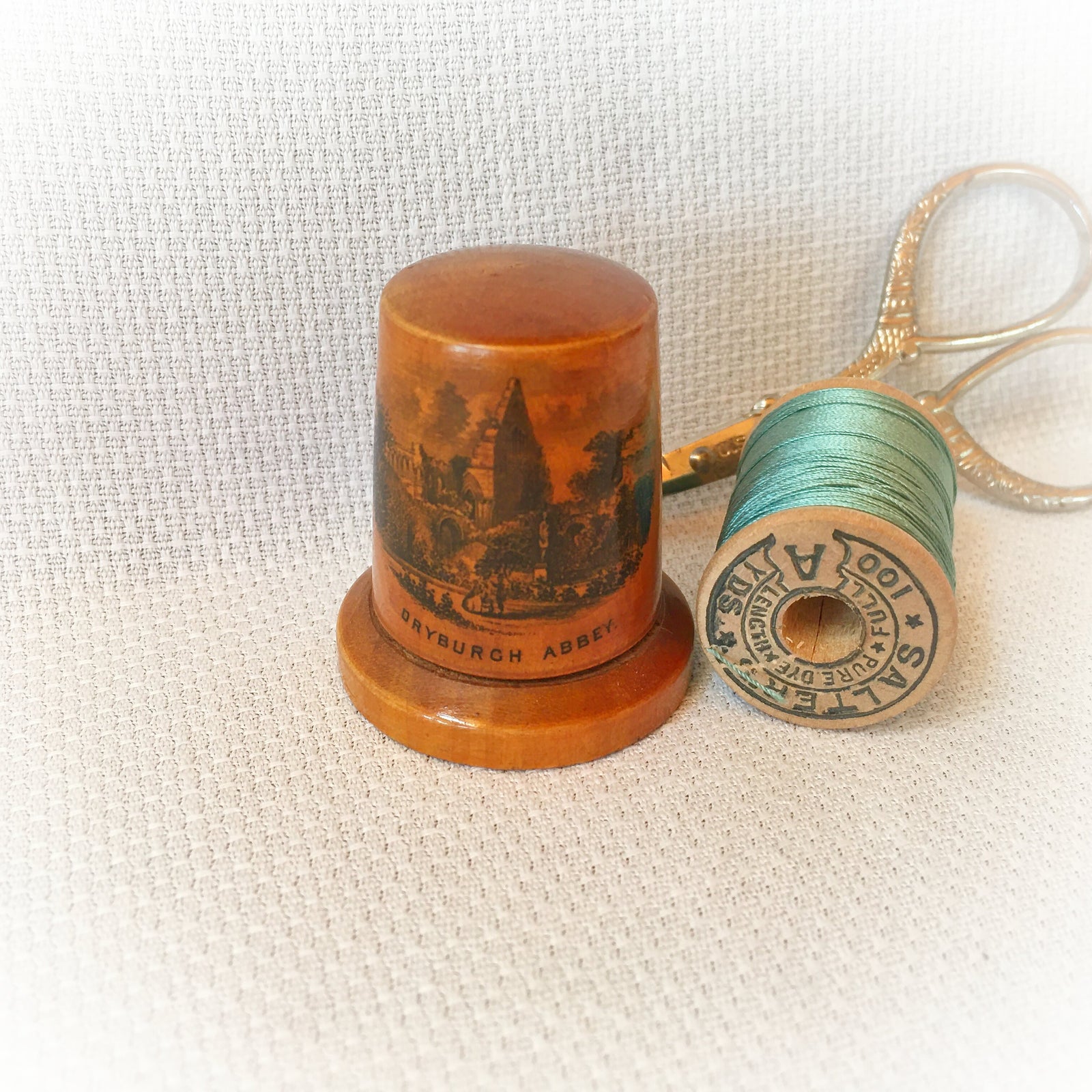 Mauchline Ware Thimble Holder with Sterling Silver Thimble, Dryburgh Abbey