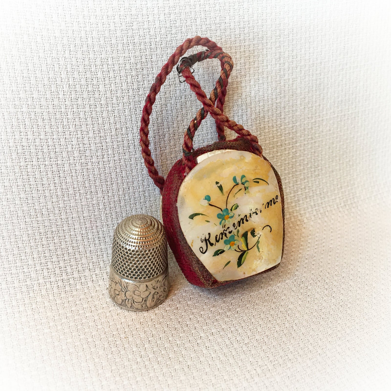Early 1900's Mother of Pearl and Velvet "Remember Me" Thimble Holder with Sterling Silver Thimble