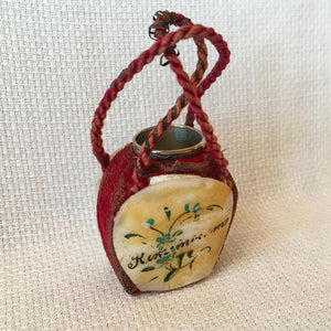 Early 1900's Mother of Pearl and Velvet "Remember Me" Thimble Holder with Sterling Silver Thimble