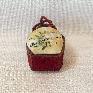 Early 1900's Mother of Pearl and Velvet "Remember Me" Thimble Holder with Sterling Silver Thimble