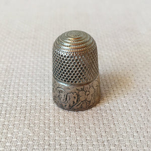 Early 1900's Mother of Pearl and Velvet "Remember Me" Thimble Holder with Sterling Silver Thimble