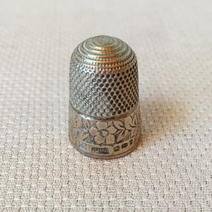 Early 1900's Mother of Pearl and Velvet "Remember Me" Thimble Holder with Sterling Silver Thimble