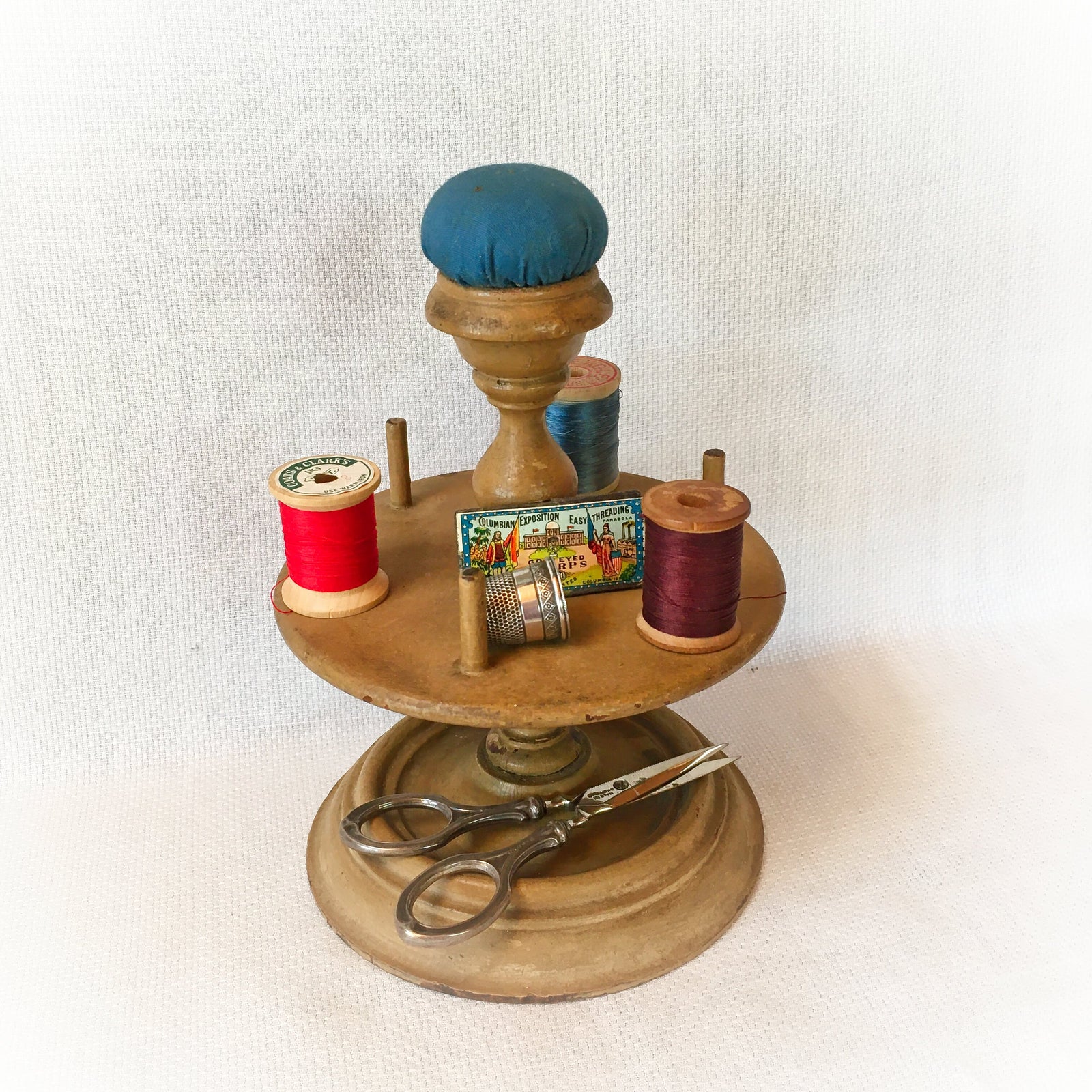 Vintage Wooden Spool Holder with Pin Cushion