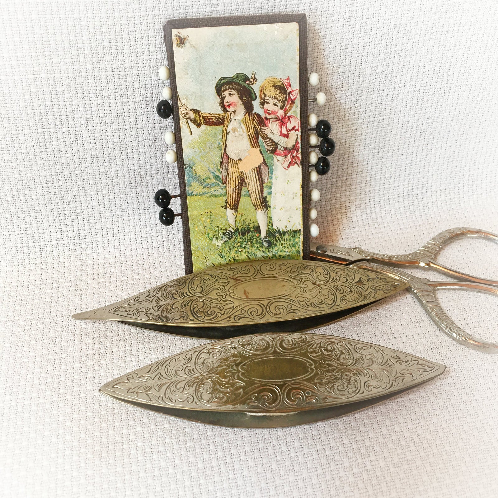 Pair of Antique Engraved Tatting Shuttles, Silver Plate