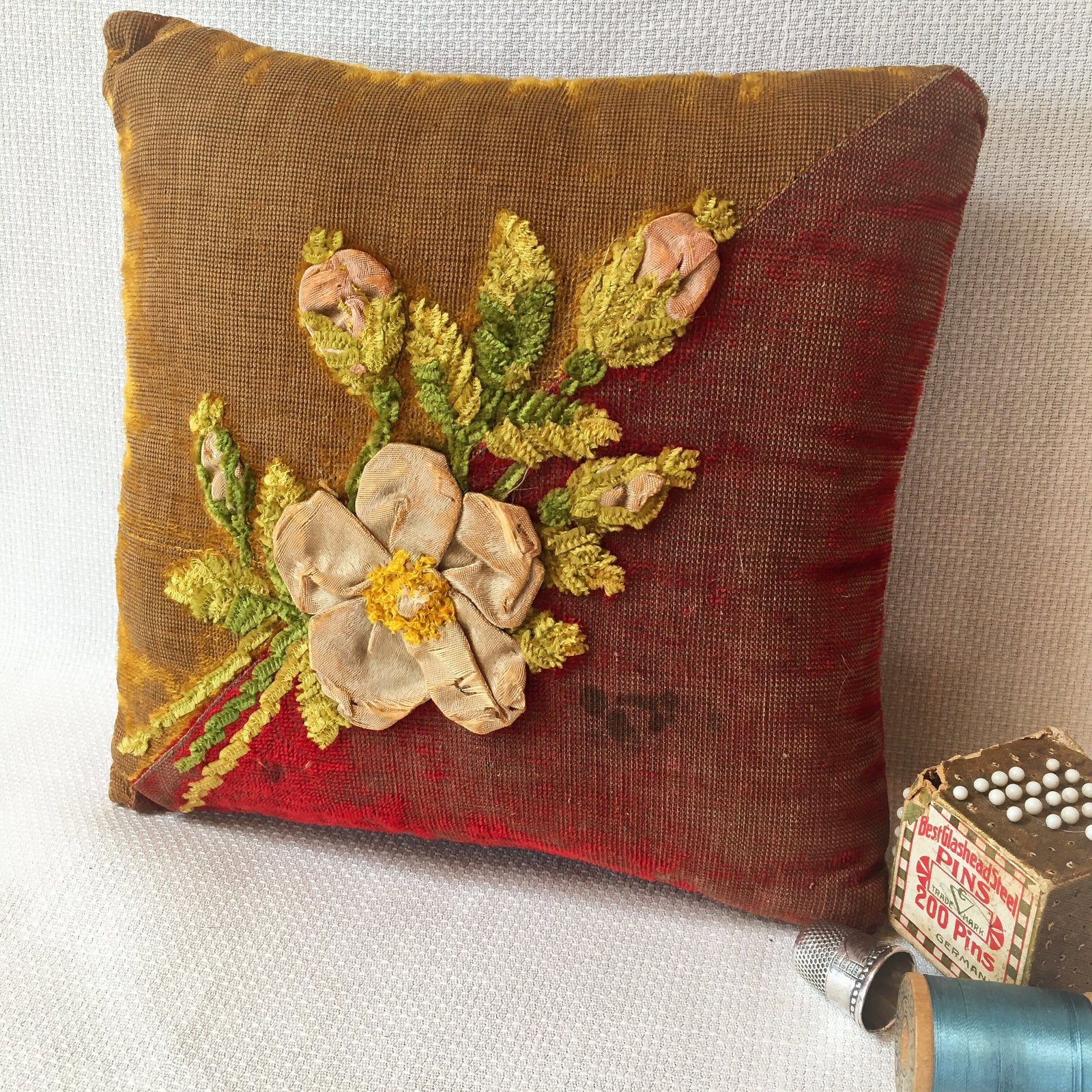 Victorian Era Silk Velvet Pin Cushion, Hand Stitched