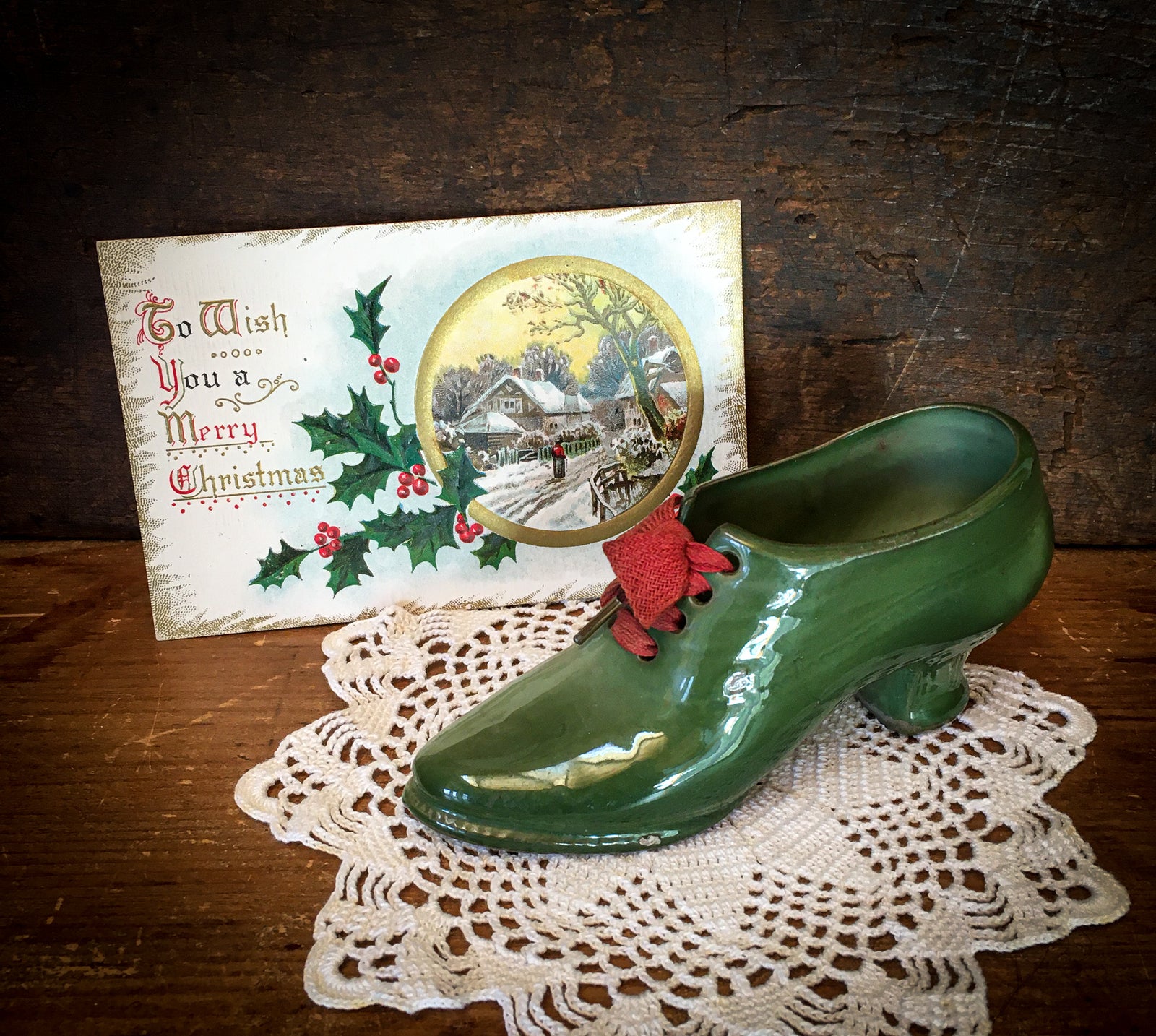 Lady’s Porcelain Christmas Shoe and 1910 Christmas Postcard