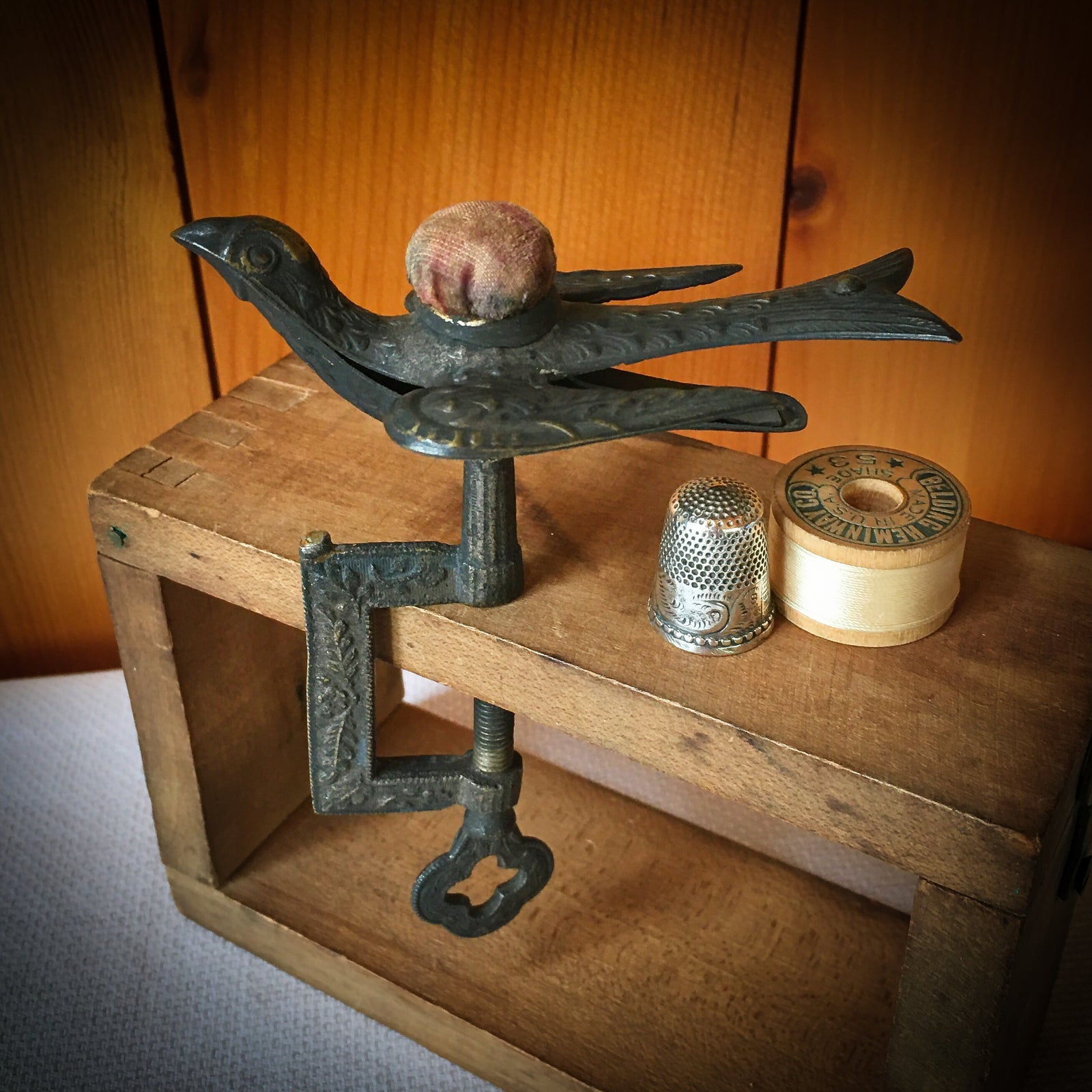 Victorian Era Sewing Bird with Original Pin Cushion, Patented Feb 15 1853