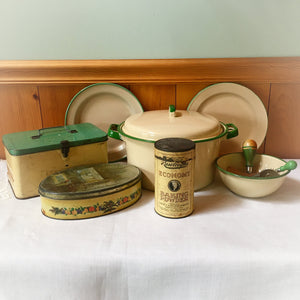 Vintage 1920s-1940s Cream and Green Kitchen Collection, Enamelware, Candy Tin, Rawleigh Baking Powder Tin, Bowl, Utensils