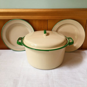 Vintage 1920s-1940s Cream and Green Kitchen Collection, Enamelware, Candy Tin, Rawleigh Baking Powder Tin, Bowl, Utensils