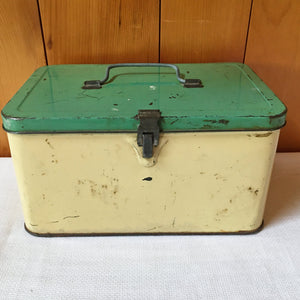 Vintage 1920s-1940s Cream and Green Kitchen Collection, Enamelware, Candy Tin, Rawleigh Baking Powder Tin, Bowl, Utensils