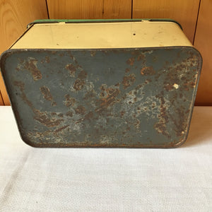 Vintage 1920s-1940s Cream and Green Kitchen Collection, Enamelware, Candy Tin, Rawleigh Baking Powder Tin, Bowl, Utensils