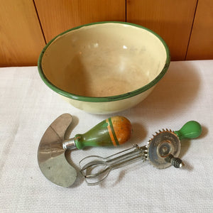 Vintage 1920s-1940s Cream and Green Kitchen Collection, Enamelware, Candy Tin, Rawleigh Baking Powder Tin, Bowl, Utensils