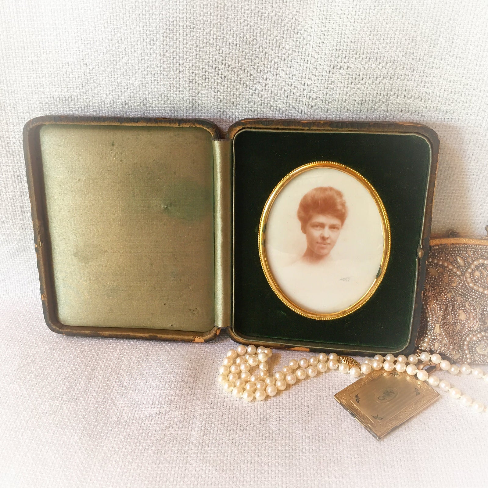 Early 1900’s Milk Glass Opalotype Portrait in Original Leather Over Wood Case