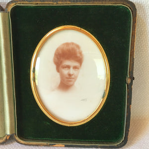 Early 1900’s Milk Glass Opalotype Portrait in Original Leather Over Wood Case