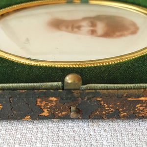 Early 1900’s Milk Glass Opalotype Portrait in Original Leather Over Wood Case
