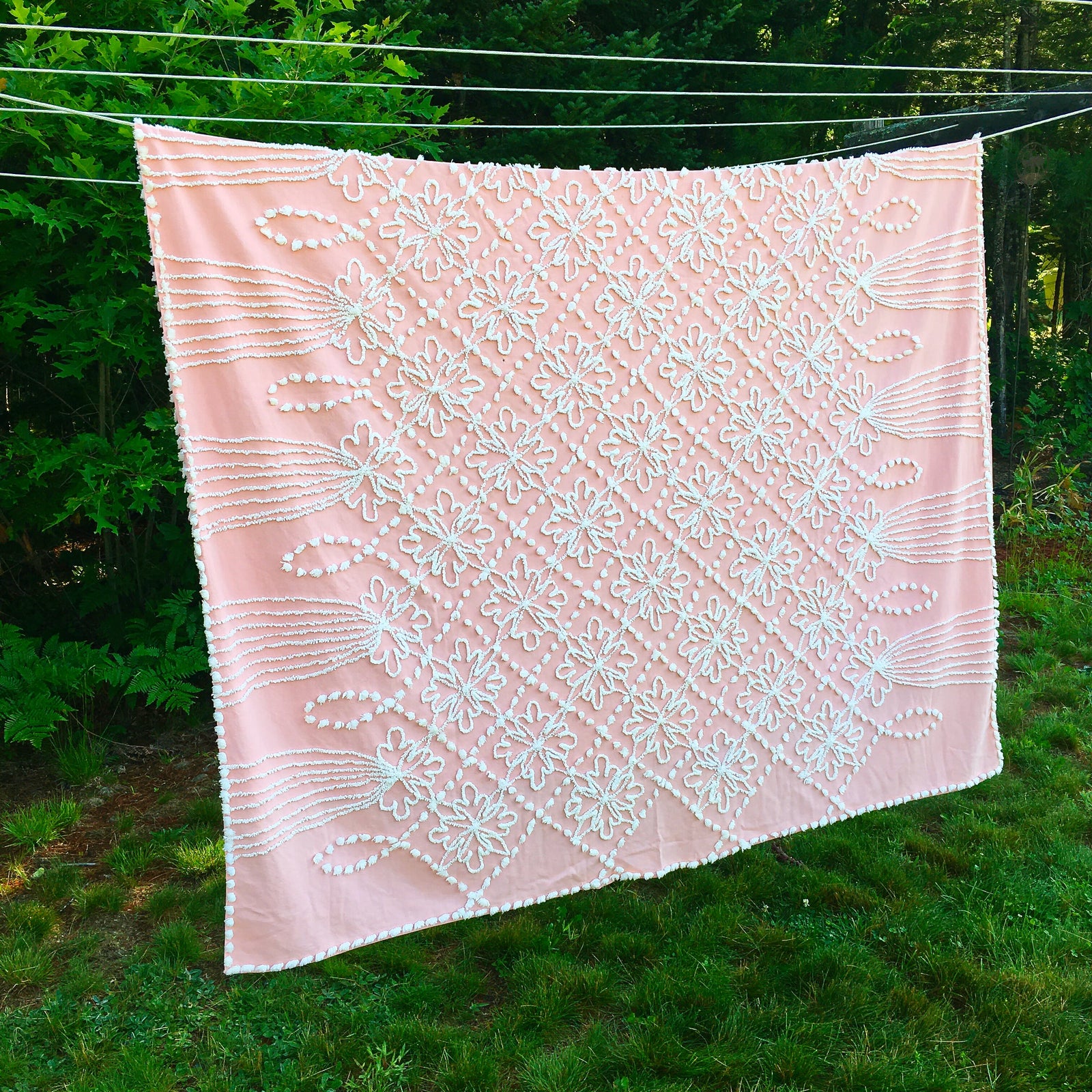 Vintage Mid Century Pink Chenille Cotton Bedspread