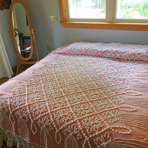 Vintage Mid Century Pink Chenille Cotton Bedspread