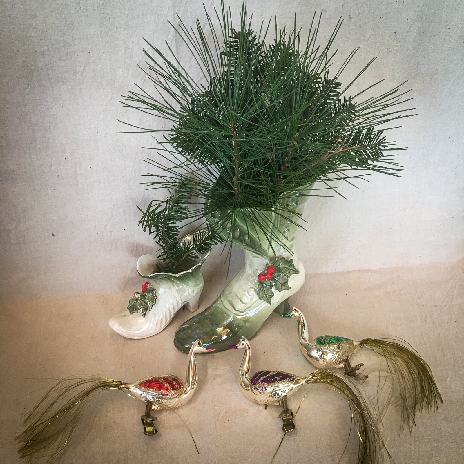 Vintage Holiday Collection!  2 Porcelain Boots and 3 Holiday Birds with Tinsel Tail Feathers