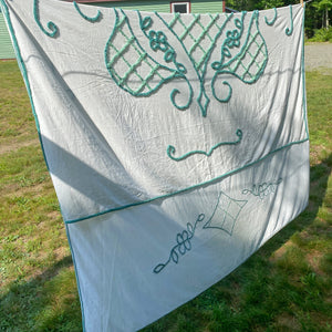 Vintage 1940s–1950s White & Green Chenille Bedspread