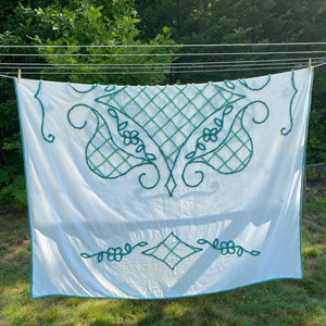 Vintage 1940s–1950s White & Green Chenille Bedspread