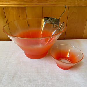 Vintage Mid Century Frosted Orange Ombre Glass Chip & Dip Set with Metal Holder