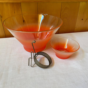 Vintage Mid Century Frosted Orange Ombre Glass Chip & Dip Set with Metal Holder