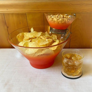 Vintage Mid Century Frosted Orange Ombre Glass Chip & Dip Set with Metal Holder