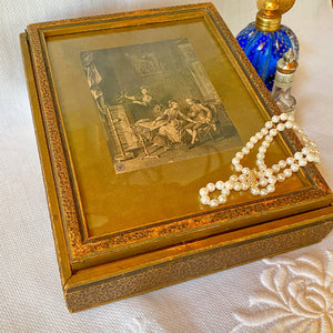 Vintage 1930s Wood Jewelry Box with Mirror and Divided Glass Interior