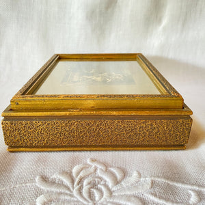 Vintage 1930s Wood Jewelry Box with Mirror and Divided Glass Interior