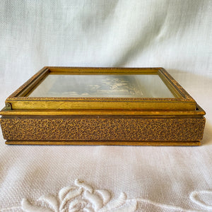 Vintage 1930s Wood Jewelry Box with Mirror and Divided Glass Interior