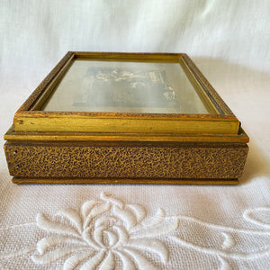Vintage 1930s Wood Jewelry Box with Mirror and Divided Glass Interior