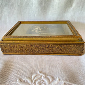 Vintage 1930s Wood Jewelry Box with Mirror and Divided Glass Interior