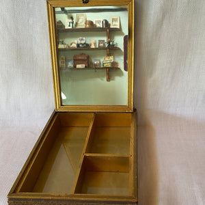 Vintage 1930s Wood Jewelry Box with Mirror and Divided Glass Interior
