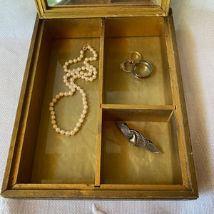 Vintage 1930s Wood Jewelry Box with Mirror and Divided Glass Interior
