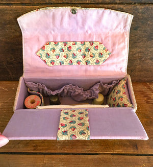 Vintage Hand Made Sewing Box with Contents, pin cushion, thimble