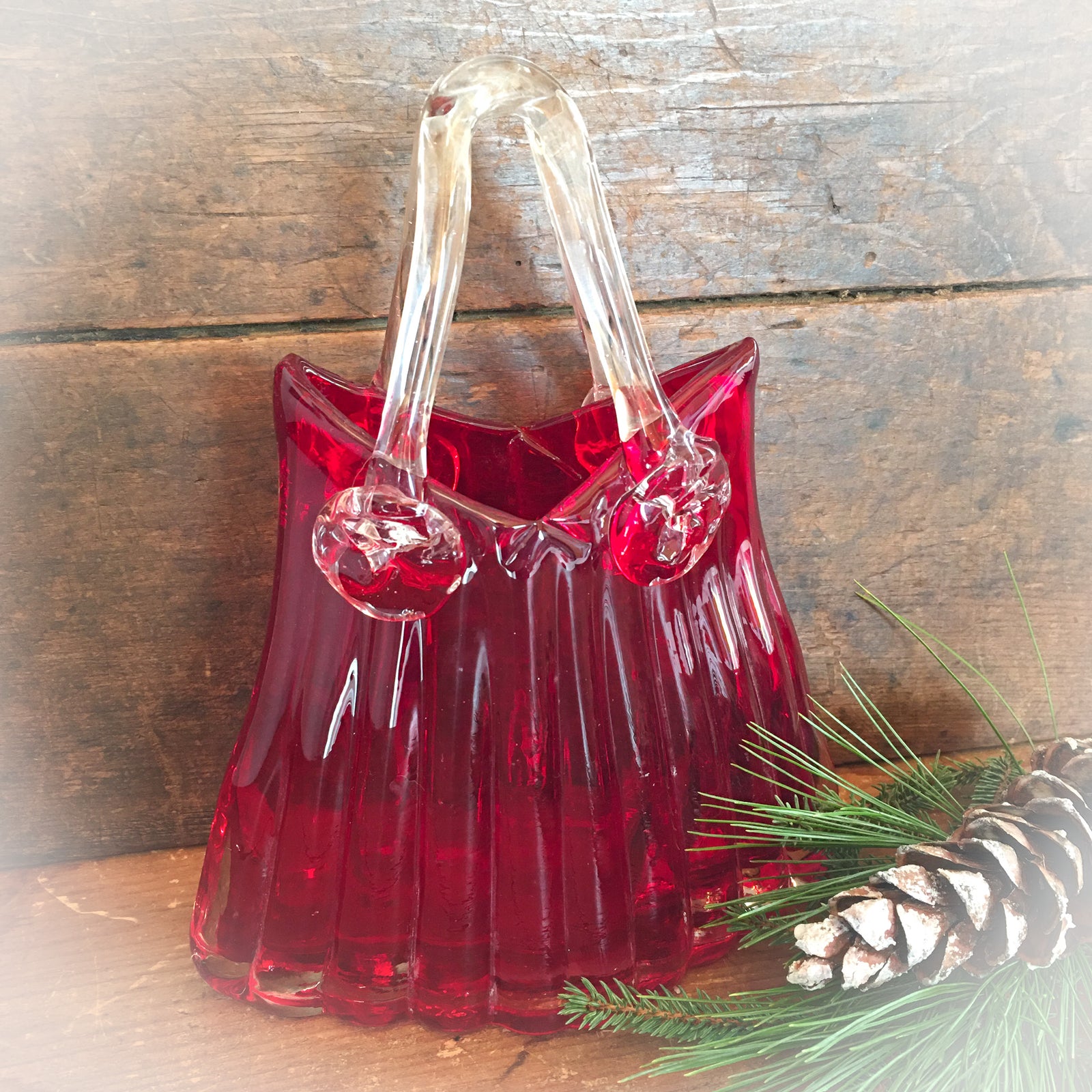Vintage Hand Blown Red Glass Purse Vase
