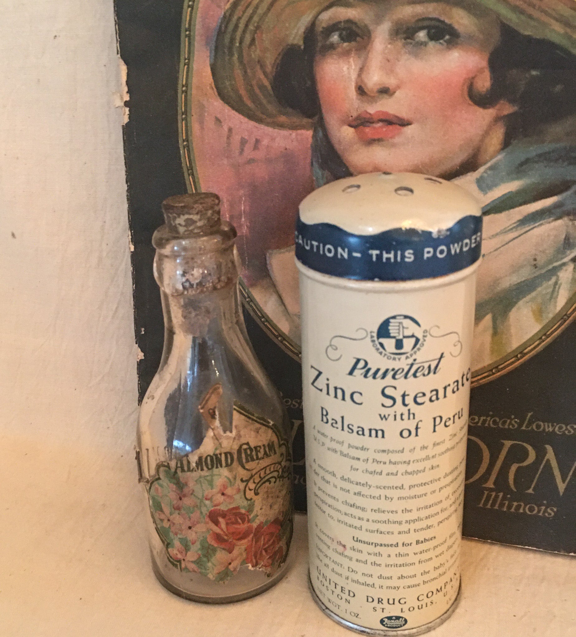 1920’s Puretest Powder Tin and 1800’s Randall Almond Cream Bottle
