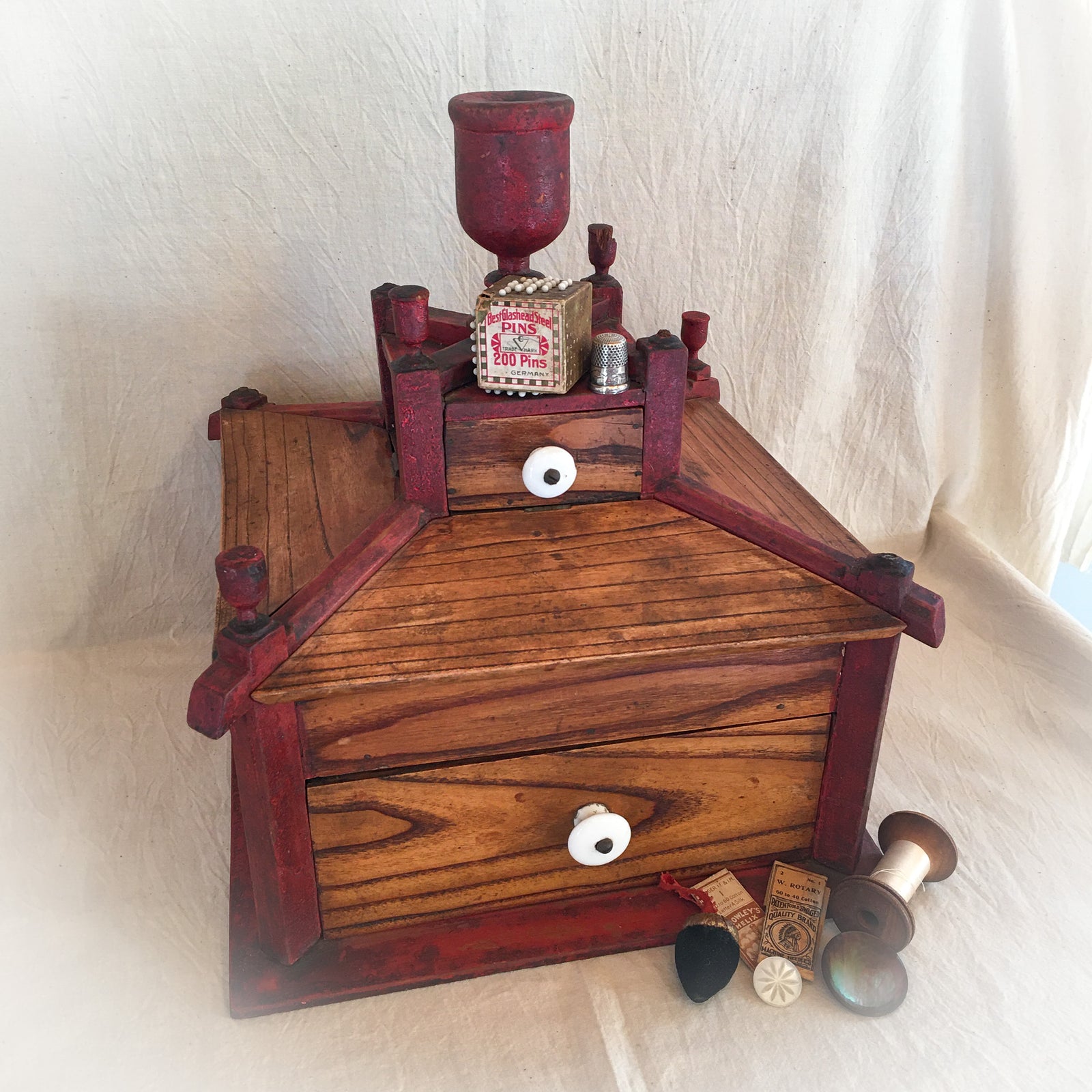 Folk Art Sewing Box, Mid to Late 1800’s, Hand Made