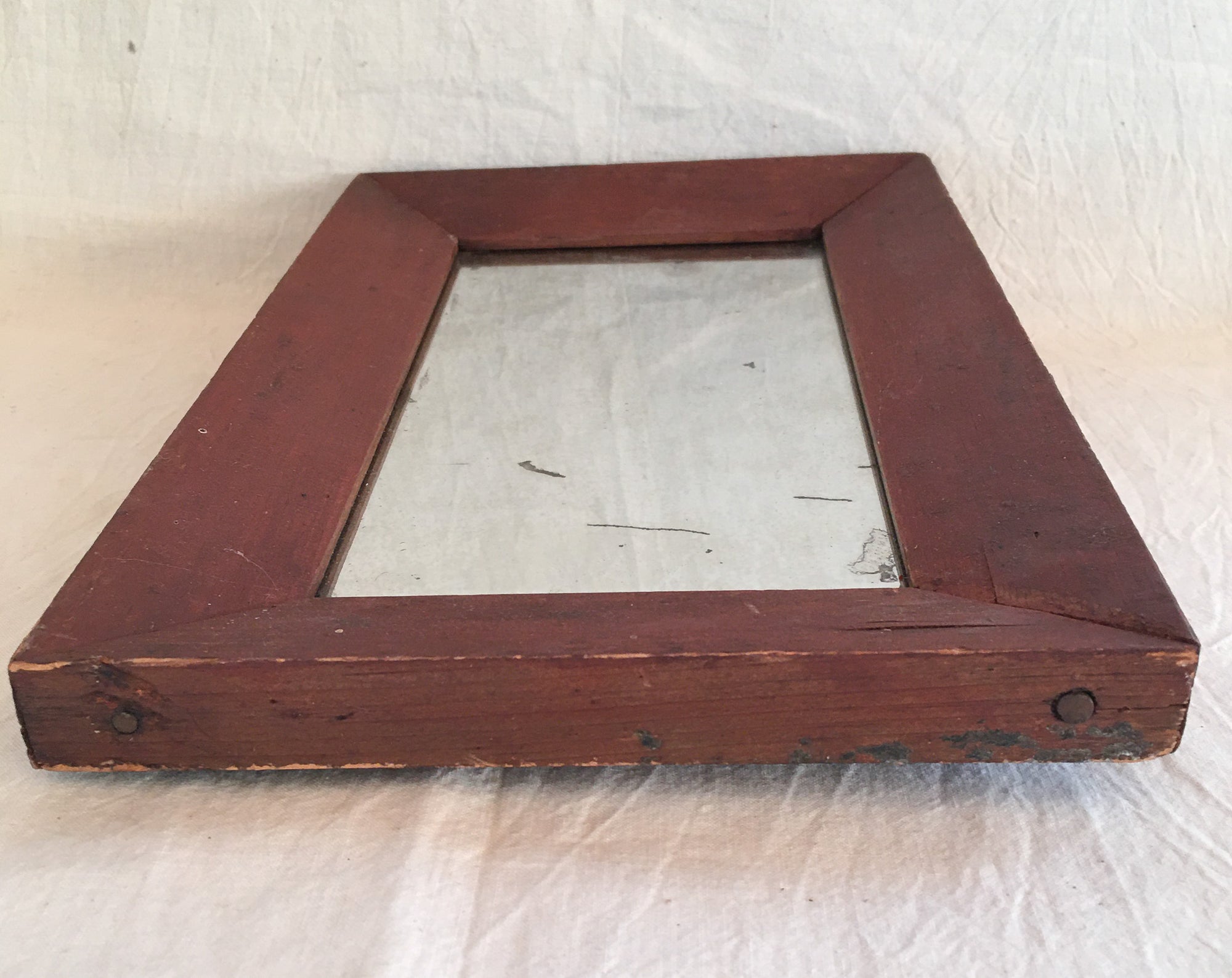 1800’s Primitive Ogee Mirror in Red Paint, Smoky Glass