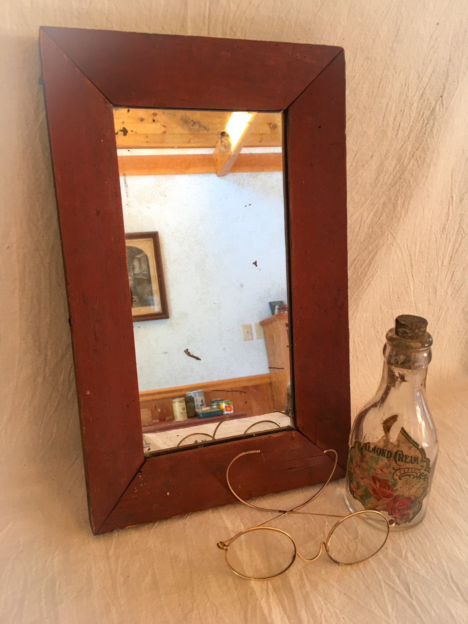 1800’s Primitive Ogee Mirror in Red Paint, Smoky Glass