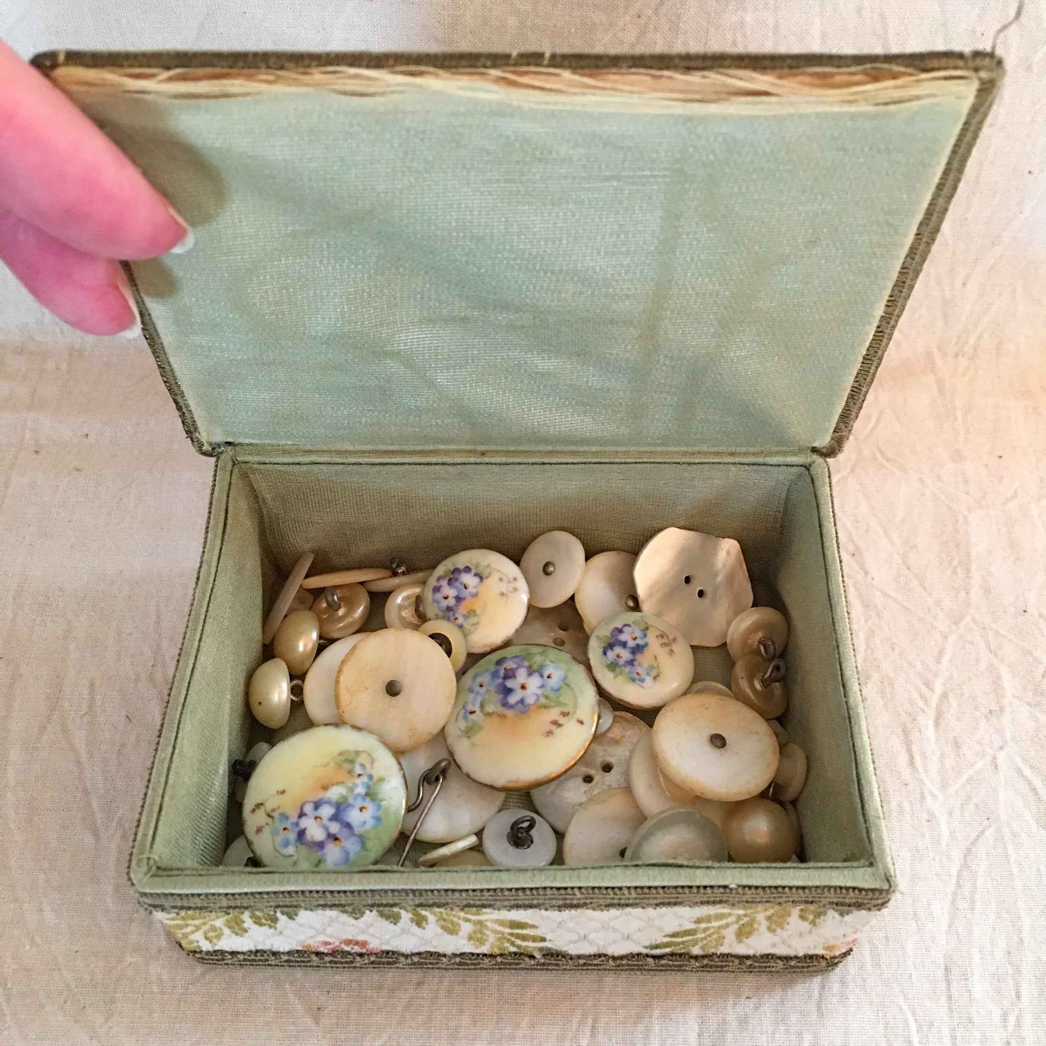 Vintage Keepsake Box with Shell and Porcelain Buttons - Day Trip Treasures
