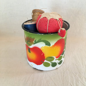 Vintage Toffee Tin with Buttons, Vintage Enamel Ware Cup with Wooden Spools and Small Tomato
